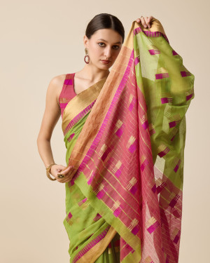 Mahendi green color cotton silk saree with weaving work
