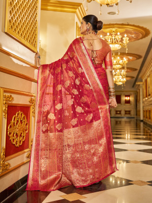 Rani pink color soft organza silk saree with zari weaving work