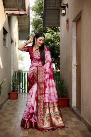 Magenta color dola silk saree with sibori printed work