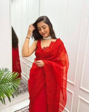 Red color organza saree with embroidery work