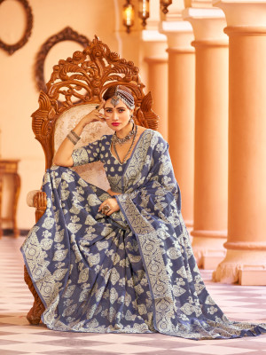 Blue color soft cotton saree with lucknowi work