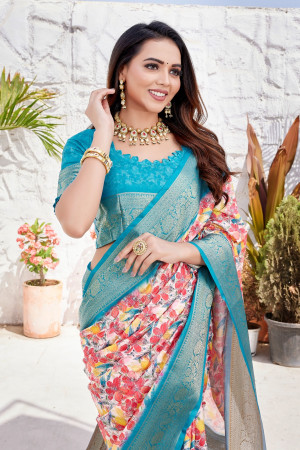 Firoji color dola silk saree with digital printed work