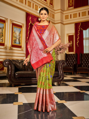 Mahendi green color soft cotton saree woven design