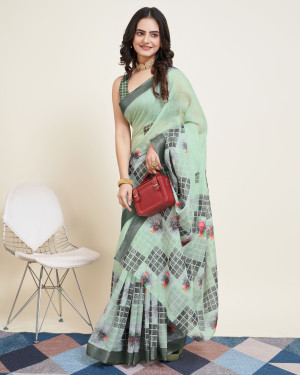 Pista green color soft cotton saree with printed work