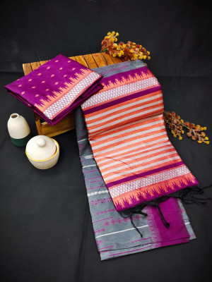 Gray color soft handloom raw silk saree with weaving work