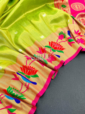 Parrot green color soft tissue paithani silk saree with zari weaving work