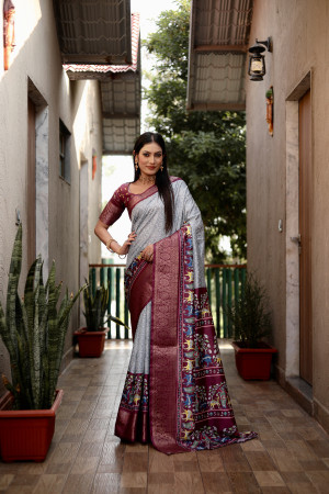 Light gray color dola silk saree with digital printed work