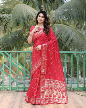 Red color hand bandhej saree with zari weaving work
