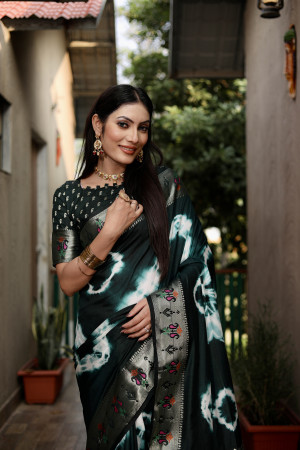 Green color soft dola silk saree with shibori print & zari weaving work