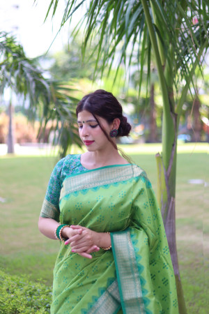Pista green color tussar silk saree with weaving work