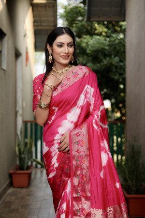 Rani pink color soft dola silk saree with shibori print & zari weaving work
