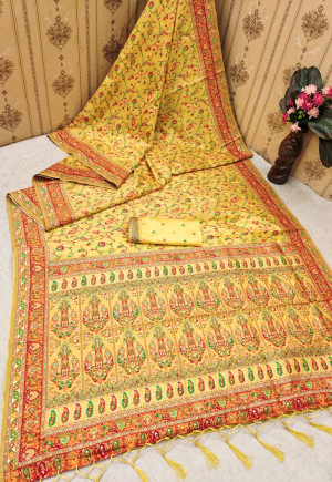 Yellow color pashmina silk saree with weaving work
