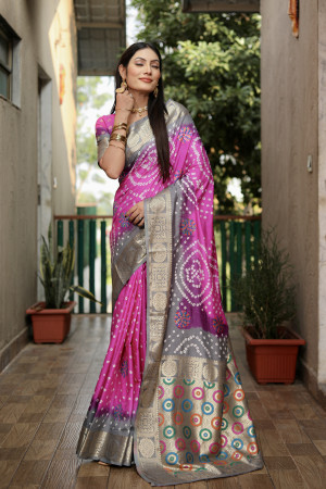 Multi color soft bandhej silk saree with zari weaving work