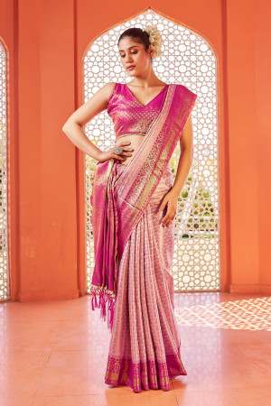 Pink color soft kanjivaram silk saree with zari weaving work