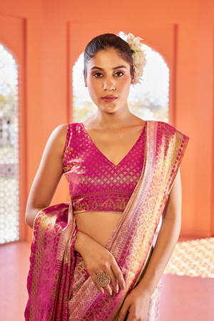 Pink color soft kanjivaram silk saree with zari weaving work
