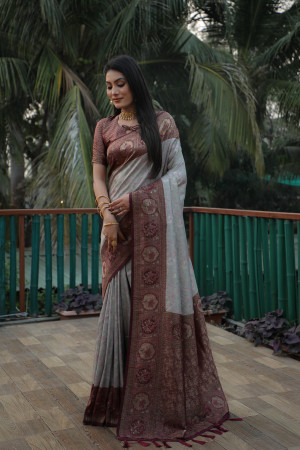 Gray color kanjivaram silk saree with zari weaving work