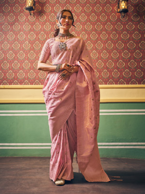 Baby pink color katan silk saree with zari weaving work