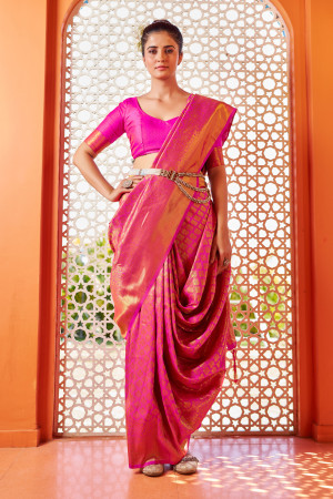 Pink color soft silk saree with zari weaving work