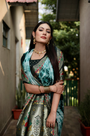 Green color dola silk saree with shibori printed work