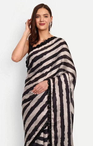 Black color soft satin silk saree with digital printed work