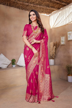 Pink color viscose silk saree with zari weaving work