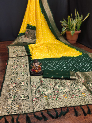 Yellow and green color bandhej silk saree with meenakari weaving work