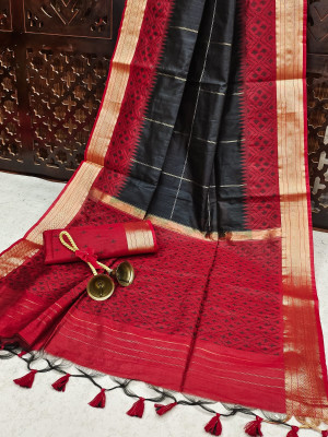 Black color raw silk saree with temple weaving border