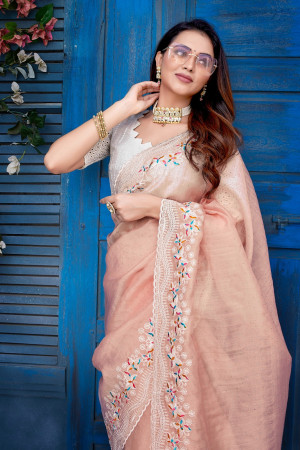 Peach color organza silk saree with diamond and embroidery work