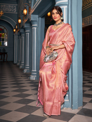 Baby pink color soft silk saree with zari weaving work