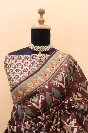 Coffee color cotton silk saree with digital printed work