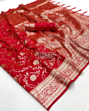 Red color banarasi silk saree with zari weaving work