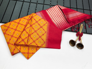 Yellow color handloom raw silk saree with korvai temple border