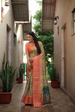 Yellow and orange color dola silk saree with kalamkari printed work