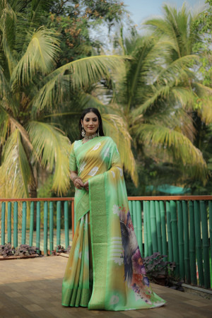 Parrot green color soft dola silk saree with digital printed work
