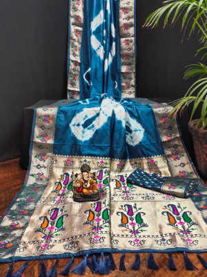 Firoji color soft dola silk saree with shibori print & zari weaving work