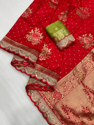 Red color dola silk saree with zari embroidery work