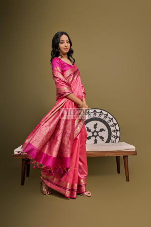 Pink color tussar silk saree with bandhani weaving work