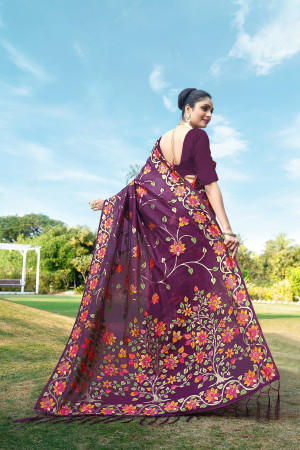 Wine color soft jamdani cotton saree with woven design