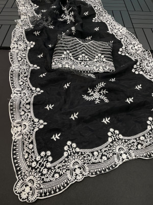 Black color organza silk saree with embroidery work