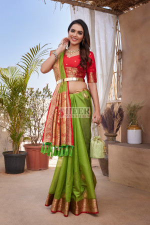 Green color organza silk saree with zari weaving work