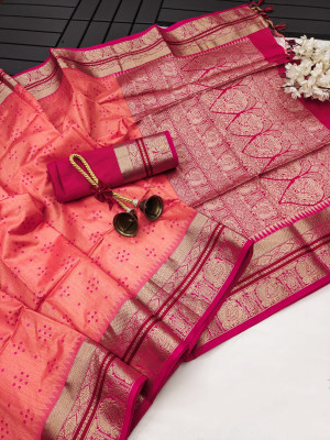 Peach color tussar silk saree with bandhani weaving work