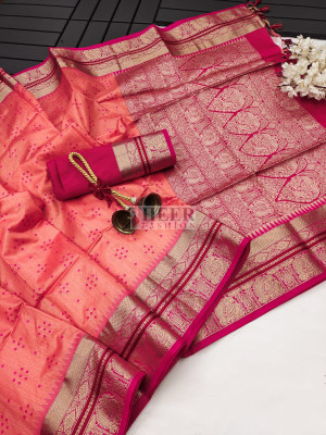 Peach color tussar silk saree with bandhani weaving work