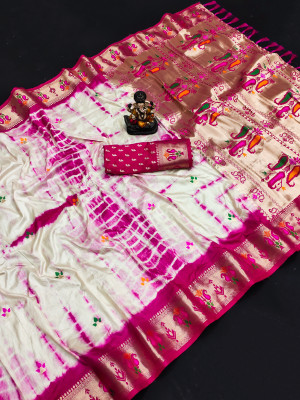 Pink color dola silk saree with shibori print & zari weaving work