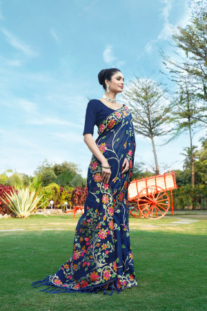 Navy blue color soft jamdani cotton saree with woven design