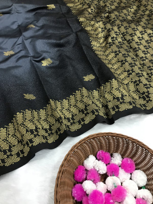Gray color handloom silk saree with golden zari weaving work