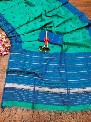 Rama green color soft raw silk saree with weaving work