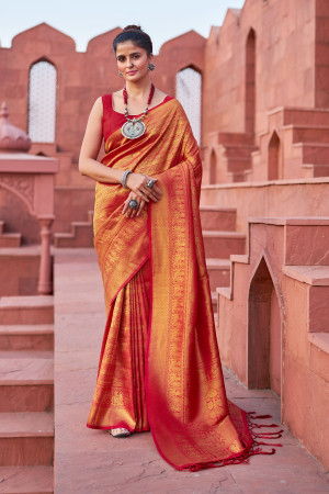 Red color soft silk saree with zari weaving work
