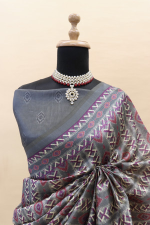 Gray color soft cotton silk saree with digital printed work