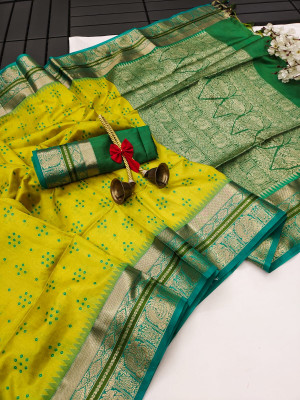 Yellow color tussar silk saree with bandhani weaving work
