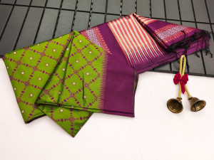 Mahendi green color handloom raw silk saree with korvai temple border